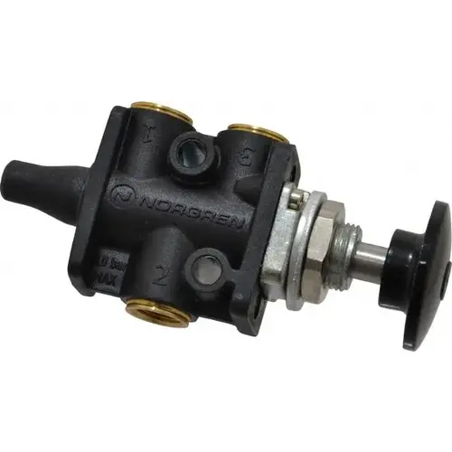 Manually Operated Valve: 0.25" NPT Outlet, Packed Spool, Button Palm Blk Actuated