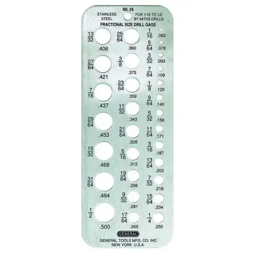 1/16 Inch to 1/2 Inch Hole Size Drill Gage