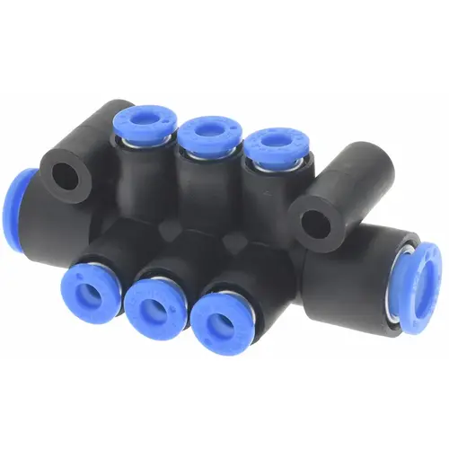 Manifold: 8 mm Inlet, 4 mm Outlet, 2 Inlet Ports, 6 Outlet Ports, 65 mm OAL Manifold: 8 mm Inlet, 4 mm Outlet, 2 Inlet Ports, 6 Outlet Ports, 65 mm OAL