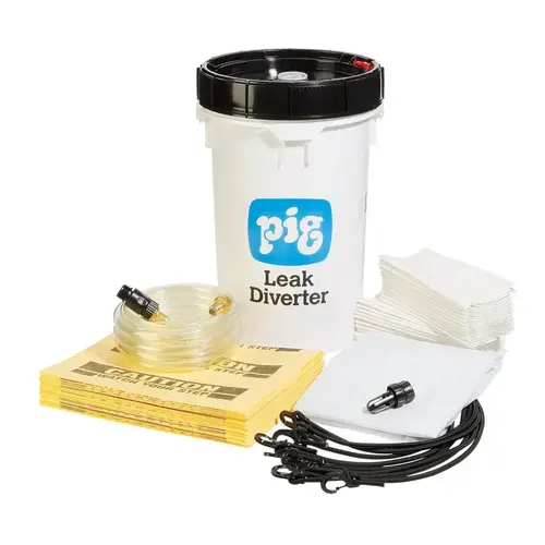 Leak Diverters; Diverter Type: Roof Leak Diverter ; Overall Length: 5ft ; Overall Width: 5ft ; Material: Vinyl ; Performance: Light Duty ; Includes: 1/2" ID Hose; 5 ft x 5 ft Vinyl Tarp; Container with Hanging Straps; 6.5 Gallon Pail with Caution Message Leak Diverters; Diverter Type: Roof Leak Diverter ; Overall Length: 5ft ; Overall Width: 5ft ; Material: Vinyl ; Performance: Light Duty ; Includes: 1/2" ID Hose; 5 ft x 5 ft Vinyl Tarp; Container with Hanging Straps; 6.5 Gallon Pail with Caution Message
