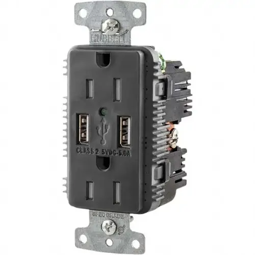 USB Receptacles; Number of USB Ports: 2; Number of Receptacles: 2; Number Of Usb Ports: 2; Charging Power (A): 5; Number Of Receptacles: 2; Amperage: 15; Charging Power: 5.0 A; Voltage: 125 VAC; Amperage: 15 A; NEMA Configuration: 5-15R; Voltage: 125 V ac
