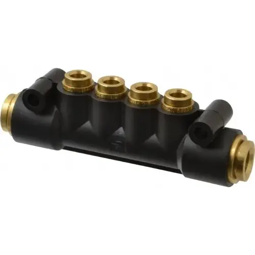 Manifold: 3/8" Inlet, 1/4" Outlet, 2 Inlet Ports, 4 Outlet Ports, 4" OAL, 0.9" OAW Manifold: 3/8" Inlet, 1/4" Outlet, 2 Inlet Ports, 4 Outlet Ports, 4" OAL, 0.9" OAW