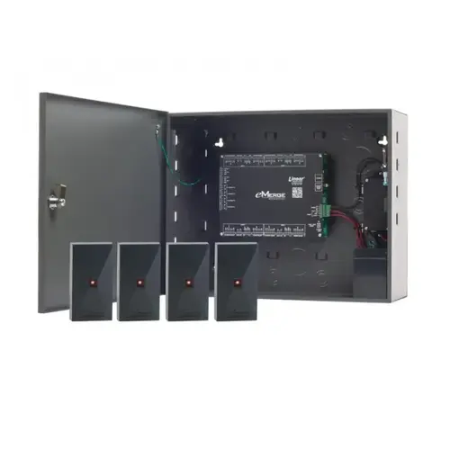eMerge Elite-36 4-Door Access Control Platform, 20,000 Cardholders with up to 80,000 Cards, Upgradeable up to 36 Doors and 72 Readers, Housed in a Locking Metal Cabinet with Integrated Tamper Switch, Includes four 2-N-1 Reader HAF Proximity Readers