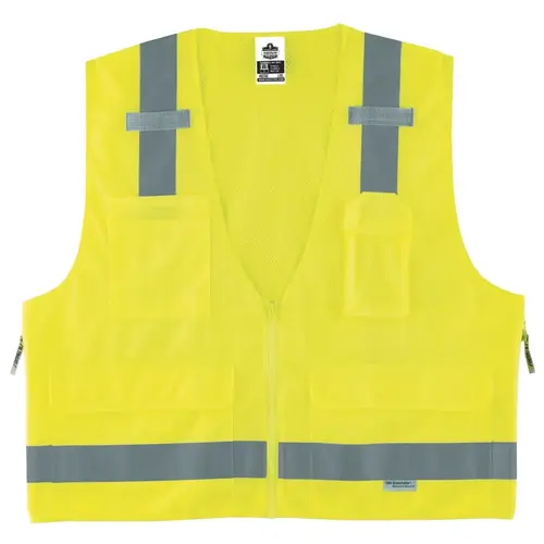 GloWear Safety Vest, 8250Z, Surveyors, Class 2, Type R, 7 Pockets, Reflective Tape, 2 Radio Mic Tabs, Zipper, S/M, Lime