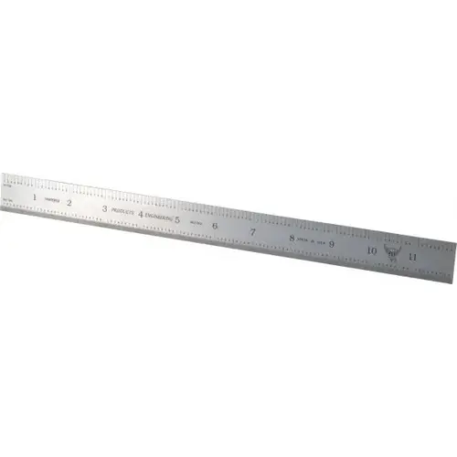 Steel Rule: 12" OAL, Decimal & Metric Graduation, Rigid, 1" OAW Satin Chrome-Plated