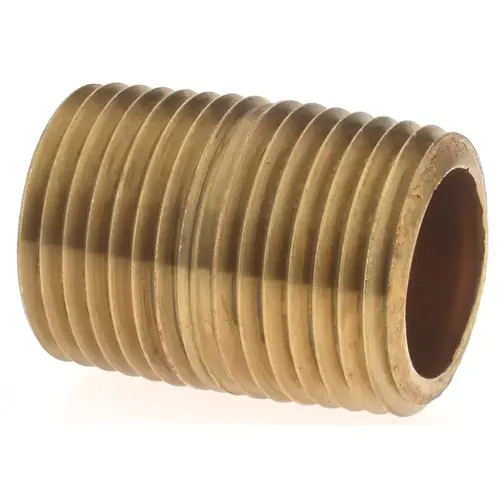 Brass Pipe Nipple: Threaded on Both Ends, 1-1/8" OAL, 1/2" NPT Brass Pipe Nipple: Threaded on Both Ends, 1-1/8" OAL, 1/2" NPT