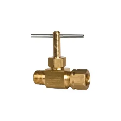 Needle Valve: Straight, 1/4 x 1/8" Pipe, Compression to Male Pipe End, Brass Body
