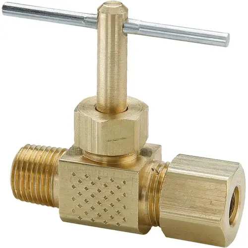 Needle Valve: Straight, 1/4 x 1/8" Pipe, Compression to Male Pipe End, Brass Body
