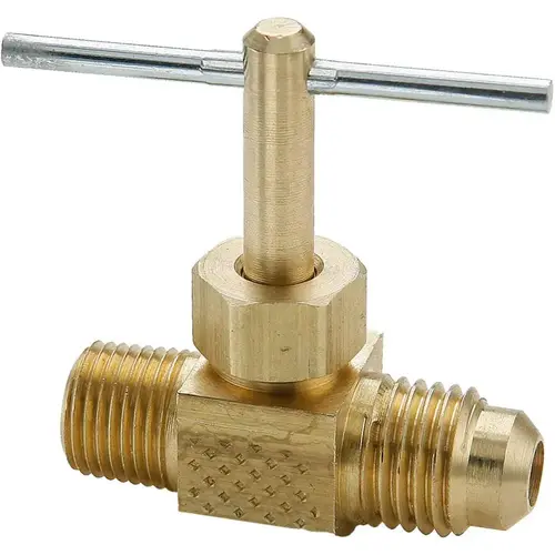 Needle Valve: Straight, 1/4 x 1/8" Pipe, Flare to Male Pipe End, Brass Body