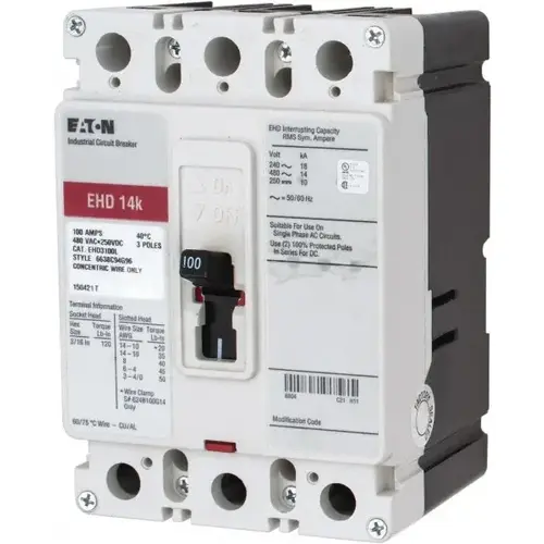 100 Amp, 250 VDC, 480 VAC, 3 Pole, Molded Case Circuit Breaker