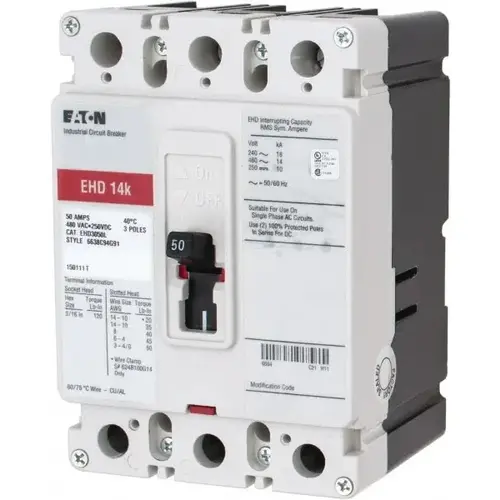 50 Amp, 250 VDC, 480 VAC, 3 Pole, Molded Case Circuit Breaker