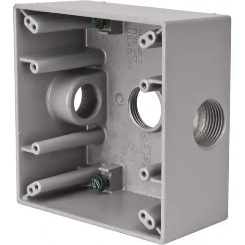 Electrical Outlet Box: Aluminum, Rectangle, 4-9/16" OAH, 4-5/8" OAW, 2-1/16" OAD, 2 Gangs Electrical Outlet Box: Aluminum, Rectangle, 4-9/16" OAH, 4-5/8" OAW, 2-1/16" OAD, 2 Gangs