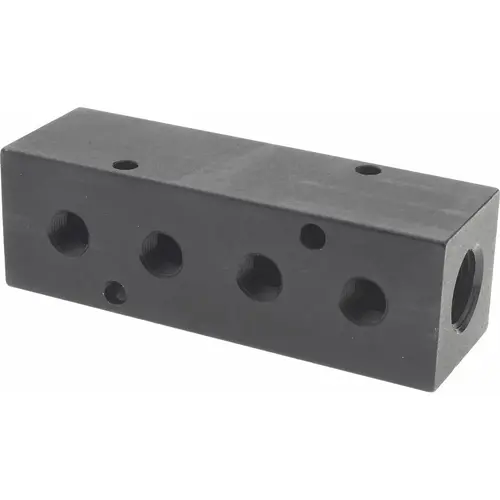 Manifold: 3/8" Inlet, 1/8" Outlet, 2 Inlet Ports, 4 Outlet Ports, 4.12" OAL, 1.25" OAW, 1-1/4" OAH Manifold: 3/8" Inlet, 1/8" Outlet, 2 Inlet Ports, 4 Outlet Ports, 4.12" OAL, 1.25" OAW, 1-1/4" OAH