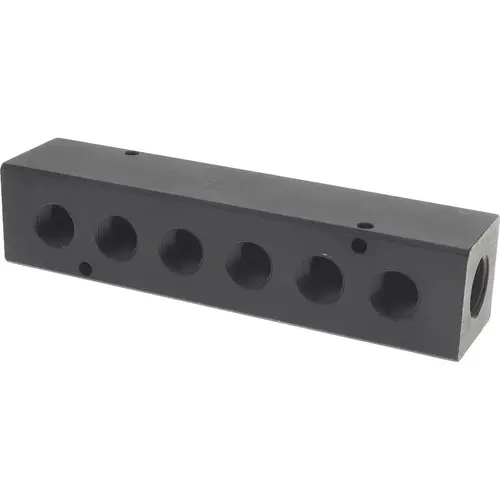 Manifold: 1/2" Inlet, 3/8" Outlet, 2 Inlet Ports, 6 Outlet Ports, 6.75" OAL, 1.5" OAW, 1-1/2" OAH Manifold: 1/2" Inlet, 3/8" Outlet, 2 Inlet Ports, 6 Outlet Ports, 6.75" OAL, 1.5" OAW, 1-1/2" OAH