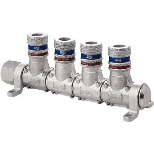 Manifold: 1/2" Inlet, 1/4" Outlet, 1 Inlet Port, 4 Outlet Ports, 7" OAL, 2.28" OAW, 2.7" OAH