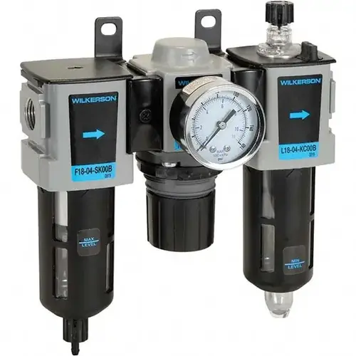 FRL Combination Unit: 3/8 NPT, Compact, 3 Pc Filter-Regulator-Lubricator with Pressure Gauge FRL Combination Unit: 3/8 NPT, Compact, 3 Pc Filter-Regulator-Lubricator with Pressure Gauge