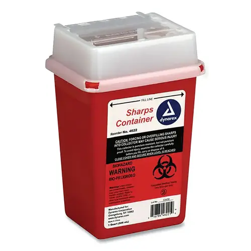 Sharps Container, 1.25 gal, Rotor Lid, Plastic, Red