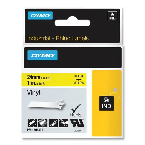 Industrial Rhino Vinyl Label Cartridge, 1 in W x 18 ft L, Black Print on Yellow Background Industrial Rhino Vinyl Label Cartridge, 1 in W x 18 ft L, Black Print on Yellow Background
