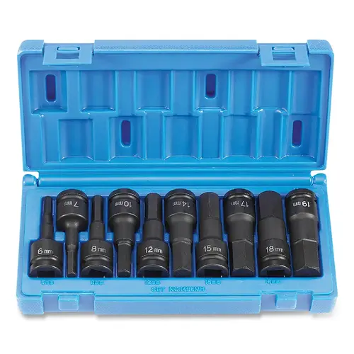 Impact Driver Set, 1/2 in Drive, Metric, 6 mm to 19 mm Size, 75 mm OAL, 10-Pc Standard Length Hex
