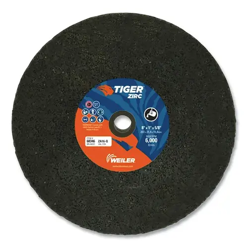 Tiger  Snagging Wheel, 8 in dia x 1 in Thick x 5/8 in Arbor, 16 Grit, Zirconia Alumina, Type 1, 5 EA/BX Brown