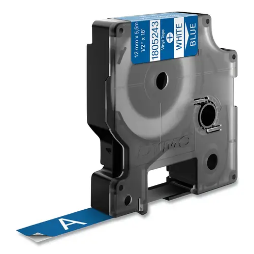Industrial Rhino Vinyl Label Cartridge, 1/2 in W x 18 ft L, White Print on Blue Background Industrial Rhino Vinyl Label Cartridge, 1/2 in W x 18 ft L, White Print on Blue Background