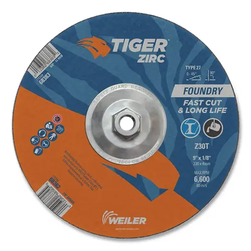 Tiger  Grinding Wheel, Combo, 9 in dia x 1/8 in Thick x 5/8 in-11 Arbor, 30 Grit, Zirconia Alumina, Type 27, 10 EA/BX Black