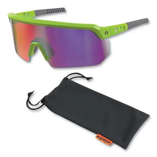 Skullerz  AEGIR Safety Glasses/Sunglasses, Purple Mirror Polycarbonate Lens, Fog-Off+  Coating, Lime Frame