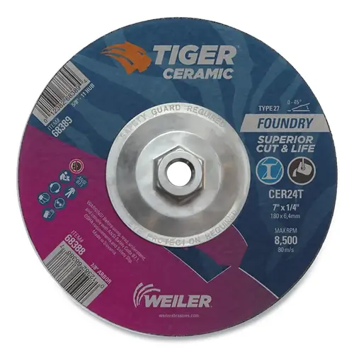 Tiger  Grinding Wheel, 7 in dia x 1/4 in Thick x 5/8 in-11 Arbor, 24 Grit, Ceramic Alumina, Type 27, 10 EA/BX Black
