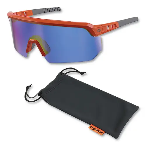 Skullerz  AEGIR Safety Glasses/Sunglasses, Blue Mirror Polycarbonate Lens, Fog-Off+  Coating, Orange Frame