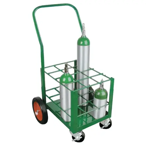 Medium-Duty M7, M9, C, D, and E Size Cylinders Transport Cart, Holds 12 Cylinders, 2-10 in Rubber Wheels/2-Locking Casters Green Medium-Duty M7, M9, C, D, and E Size Cylinders Transport Cart, Holds 12 Cylinders, 2-10 in Rubber Wheels/2-Locking Casters Green