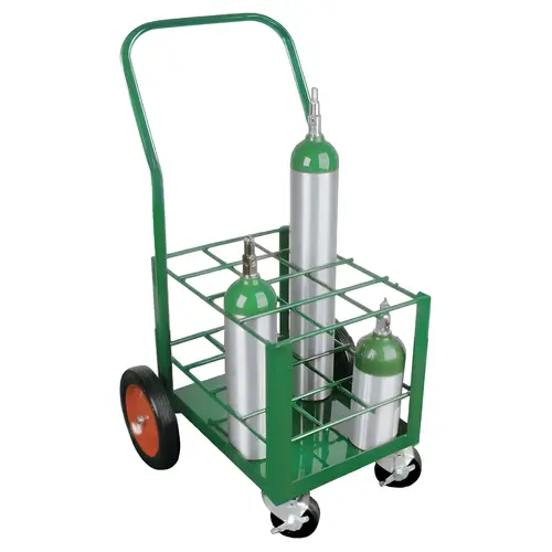 Medium-Duty M7, M9, C, D, and E Size Cylinders Transport Cart, Holds 12 Cylinders, 2-10 in Rubber Wheels/2-Locking Casters Green Medium-Duty M7, M9, C, D, and E Size Cylinders Transport Cart, Holds 12 Cylinders, 2-10 in Rubber Wheels/2-Locking Casters Green