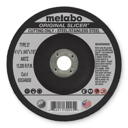 Original Slicer Cutting Wheel, 4-1/2 in dia, 0.045 in Thick, 7/8 in Arbor, 60 Grit, AO Black Original Slicer Cutting Wheel, 4-1/2 in dia, 0.045 in Thick, 7/8 in Arbor, 60 Grit, AO Black
