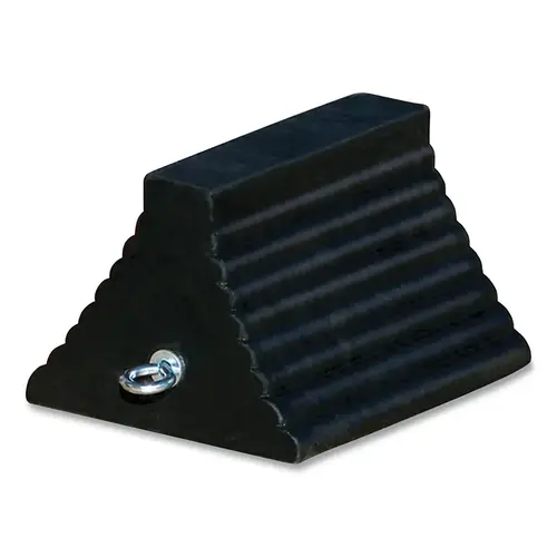 General-Purpose Rubber Wheel Chock, 10.5 in L x 7.5 in W x 5.5 in H, Black, Includes Cored Bottom/Eye Bolt