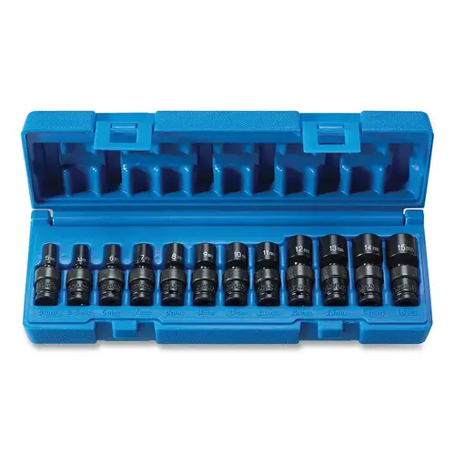 Impact Socket Set, 1/4 in Dr, Metric, 6s-point, 5 mm to 15 mm, 12-Pc STD Length Surface Dr Universal Impact Socket Set, 1/4 in Dr, Metric, 6s-point, 5 mm to 15 mm, 12-Pc STD Length Surface Dr Universal
