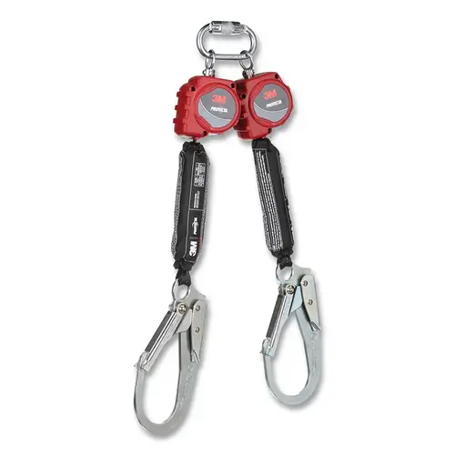 PROTECTA  Personal Self Retracting Lifeline, 6 ft, Web, Single Pin Top Connector, Rebar Snap Hook, 310 lb, Twin Leg Red