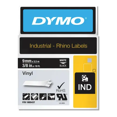 Industrial Rhino Vinyl Label Cartridge, 3/8 in W x 18 ft L, White Print on Black Background Industrial Rhino Vinyl Label Cartridge, 3/8 in W x 18 ft L, White Print on Black Background