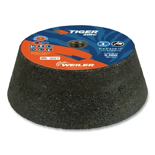 Tiger  Flaring Cup Wheel, 6 in/4-3/4 in dia x 2 in Thick x 5/8 in-11 Arbor, 1-1/2 in Rim, 16 Grit, ZTA, Type 11, 5 EA/BX Brown