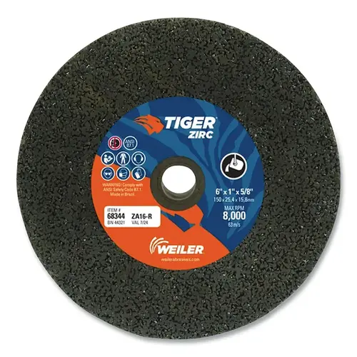Tiger  Snagging Wheel, 6 in dia x 1 in Thick x 5/8 in Arbor, 16 Grit, Zirconia Alumina, Type 1, 5 EA/BX Brown