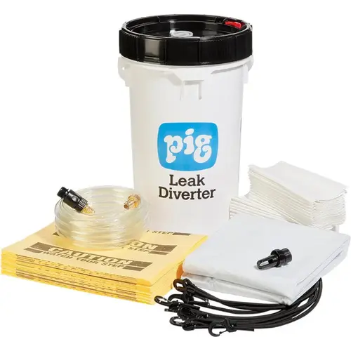 Leak Diverters; Diverter Type: Roof Leak Diverter; Shape: Square; Length (Feet): 7.00; Width (Feet): 7; Material: Polyester; PVC; Includes: 1 - 30 Pack "CAUTION" PIG. Mat Pads; 1 - 7 ft W x 7 ft L Leak Diverter Tarp; 1 - 6.5 gal. Bucket; 1 - Quick Connect Set