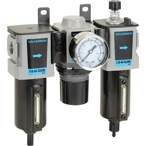 FRL Combination Unit: 3/8 NPT, Compact, 3 Pc Filter-Regulator-Lubricator with Pressure Gauge FRL Combination Unit: 3/8 NPT, Compact, 3 Pc Filter-Regulator-Lubricator with Pressure Gauge