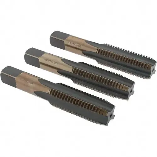 Tap Set: 7/8-9 UNC, 4 Flute, Bottoming Plug & Taper, High Speed Steel, Gold & Oxide Finish Tap Set: 7/8-9 UNC, 4 Flute, Bottoming Plug & Taper, High Speed Steel, Gold & Oxide Finish