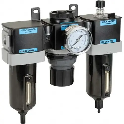 FRL Combination Unit: 1/2 NPT, Standard, 3 Pc Filter-Regulator-Lubricator with Pressure Gauge