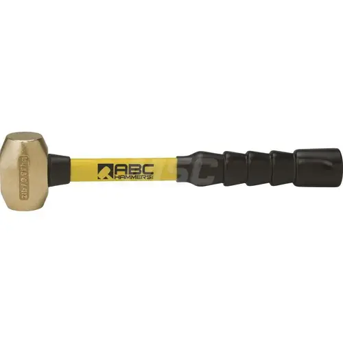 2 lb Brass Striking Hammer, Non-Sparking, Non-Marring 1 1/2 Face Diam, 3 Head Length, 14 OAL, 12 Fiberglass Handle, Double Faced