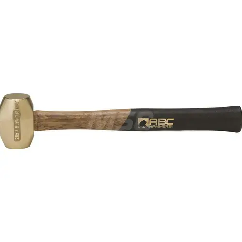 2 lb Brass Striking Hammer, Non-Sparking, Non-Marring 1-1/2" Face Diam, 3" Head Length, 14" OAL, 12-1/2" Wood Handle, Double Faced