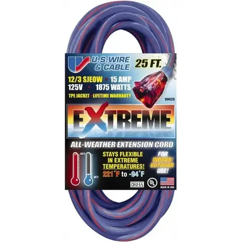 25 ft, 12/3 Gauge/Conductors, Blue/Pink Indoor & Outdoor Extension Cord 25 ft, 12/3 Gauge/Conductors, Blue/Pink Indoor & Outdoor Extension Cord