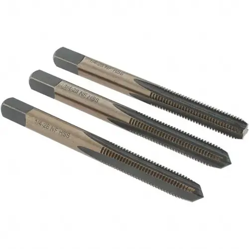Tap Set: 1/4-28 UNF, 4 Flute, Bottoming Plug & Taper, High Speed Steel, Gold & Oxide Finish