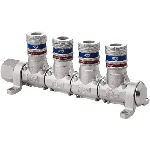 Manifold: 1/2" Inlet, 1/4" Outlet, 1 Inlet Port, 4 Outlet Ports, 7" OAL, 2.28" OAW, 2.7" OAH Manifold: 1/2" Inlet, 1/4" Outlet, 1 Inlet Port, 4 Outlet Ports, 7" OAL, 2.28" OAW, 2.7" OAH