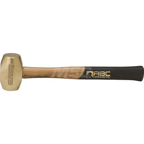 3 lb Brass Striking Hammer, Non-Sparking, Non-Marring 1-5/8 Face Diam, 3-1/2 Head Length, 14-1/2 OAL, 12-1/2 Wood Handle, Double Faced