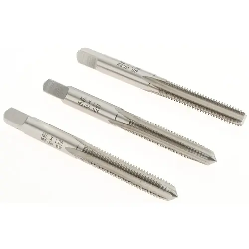 Tap Set: M6 x 1 Metric Coarse, 4 Flute, Bottoming Plug & Taper, High Speed Steel, Bright Finish Tap Set: M6 x 1 Metric Coarse, 4 Flute, Bottoming Plug & Taper, High Speed Steel, Bright Finish