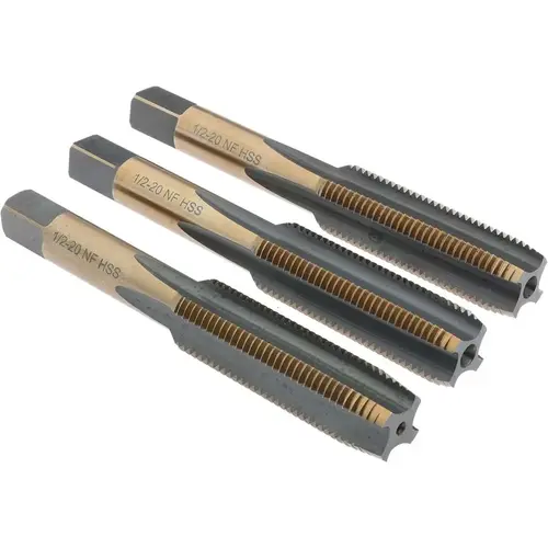 Tap Set: 1/2-20 UNF, 4 Flute, Bottoming Plug & Taper, High Speed Steel, Gold & Oxide Finish Tap Set: 1/2-20 UNF, 4 Flute, Bottoming Plug & Taper, High Speed Steel, Gold & Oxide Finish
